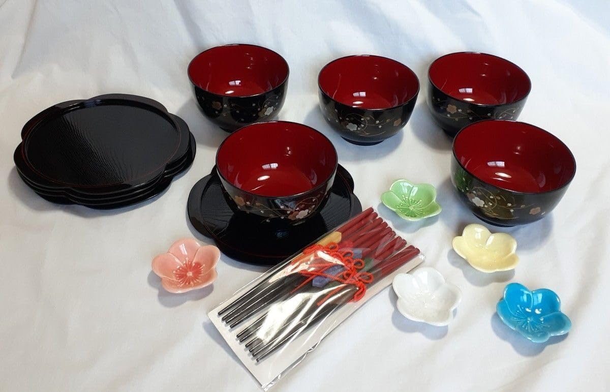 Amazon.co.jp: 漆器 汁椀 丼 小盆 お箸 5膳セット 梅型 梅柄 お盆 小皿